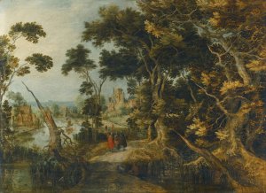 A  Landscape With Christ And His Disciples On The Road To Emmaus by Gillis Claesz De Hondecoeter Oil Painting