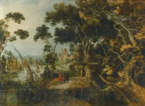 A  Landscape With Christ And His Disciples On The Road To Emmaus by Gillis Claesz De Hondecoeter Oil Painting