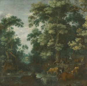 A Wooded Landscape With Deer And Cattle By A River, A Sleeping Herdsman Nearby by Gillis Claesz De Hondecoeter Oil Painting