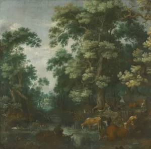 A Wooded Landscape With Deer And Cattle By A River, A Sleeping Herdsman Nearby by Gillis Claesz De Hondecoeter Oil Painting