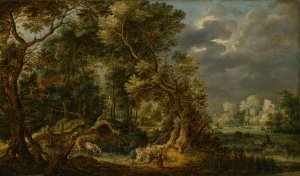 A wooded river landscape by Gillis Claesz De Hondecoeter Oil Painting