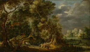A wooded river landscape by Gillis Claesz De Hondecoeter Oil Painting