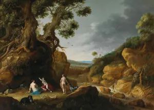 Diana and her nymphs in a rocky wooded river landscape by Gillis Claesz De Hondecoeter Oil Painting