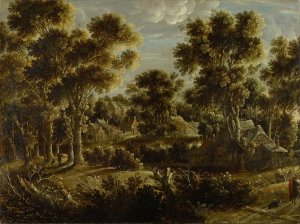 Forest Landscape with Village by Gillis Claesz De Hondecoeter Oil Painting