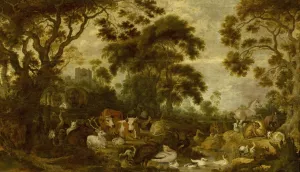 Orpheus among the animals by Gillis Claesz De Hondecoeter Oil Painting