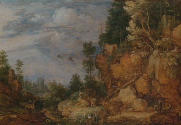 Rocky Landscape with Deer and Goats  by Gillis Claesz De Hondecoeter - Hand-Painted Oil Painting Reproduction