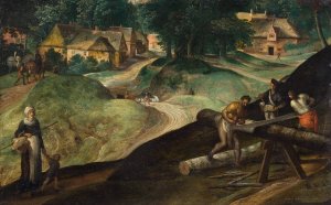 Landscape with Men Sawing Timber by Gillis Mostaert Oil Painting