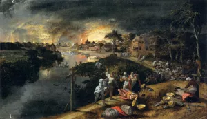 Scene of War and Fire by Gillis Mostaert Oil Painting