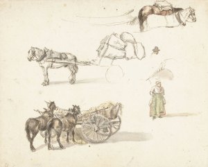 Enkele studies van karren en een staande boerin by Gillis Neyts Oil Painting