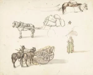 Enkele studies van karren en een staande boerin by Gillis Neyts Oil Painting
