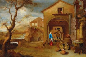 A peasant couple conversing in a farmyard by Gillis Peeters The Elder Oil Painting