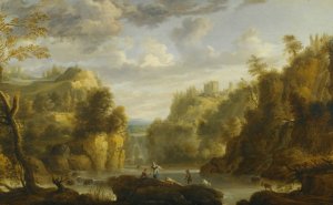 Mountain Landscape With A Waterfall And A Capriccio View Of The Forums And Temple Of Vesta At Tivoli by Gillis Peeters The Elder Oil Painting