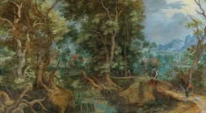An extensive wooded landscape with a village and a town by the mountains beyond by Gillis Van Coninxloo Oil Painting