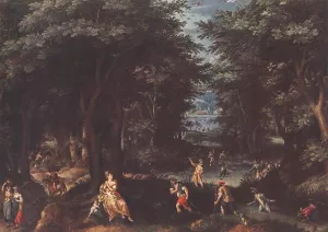 Landscape with Leto and Peasants of Lykia Oil painting by Gillis Van Coninxloo