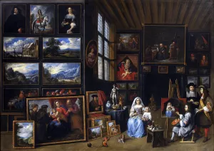 A Picture Gallery with an Artist Painting a Woman and a Girl. Allegory of the Art of Painting by Gillis Van Tilborgh Oil Painting