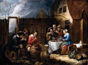 Boors Eating, Drinking, and Smoking Outside a Cottage by Gillis Van Tilborgh - Oil Painting Reproduction