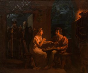 Miranda fait une partie d'echec avec Ferdinand qu'elle accuse, en plaisantant, de tricher by Gillot Saint-Evre Oil Painting