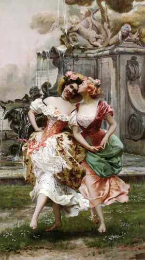 Young Girls Dancing by a Fountain by Gioacchino Pagliei Oil Painting