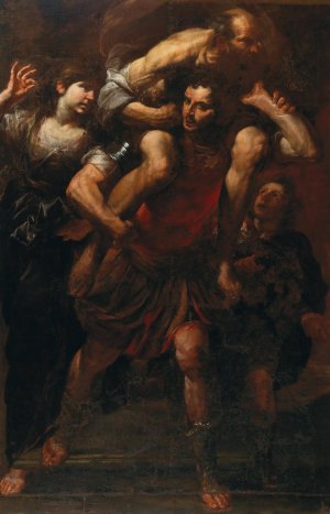 Aeneas Fleeing the Burning Troy by Gioacchino Assereto Oil Painting