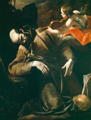 St. Francis Of Assisi In Ecstasy Before A Cherub With A Violin by Gioacchino Assereto Oil Painting