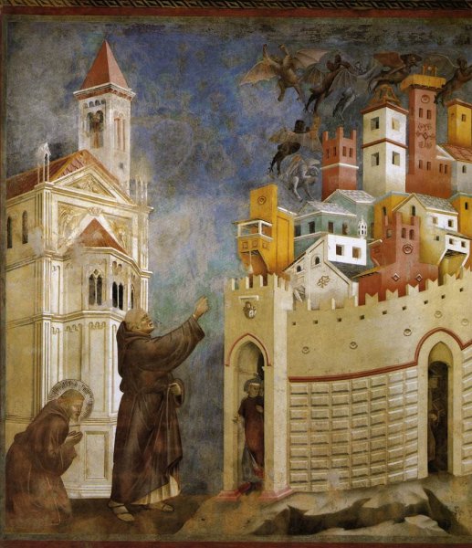 Legend of St Francis: 10. Exorcism of the Demons at Arezzo Upper Church, San Francesco, Assisi by Giotto Di Bondone - Hand-Painted Oil Painting Reproduction