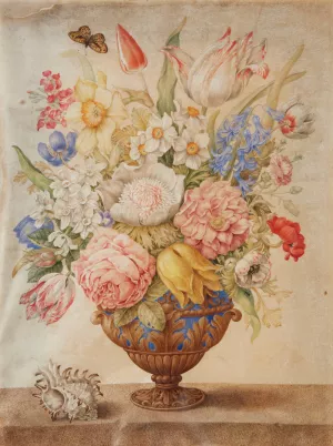 Flowers in a Lapis-Lazuli Vase on a Marble Top with a Conch Shell and a Monarch Butterfly by Giovanna Garzoni Flowers in a Lapis-Lazuli Vase on a Marble Top with a Conch Shell and a Monarch Butterfly by Giovanna Garzoni Oil Painting