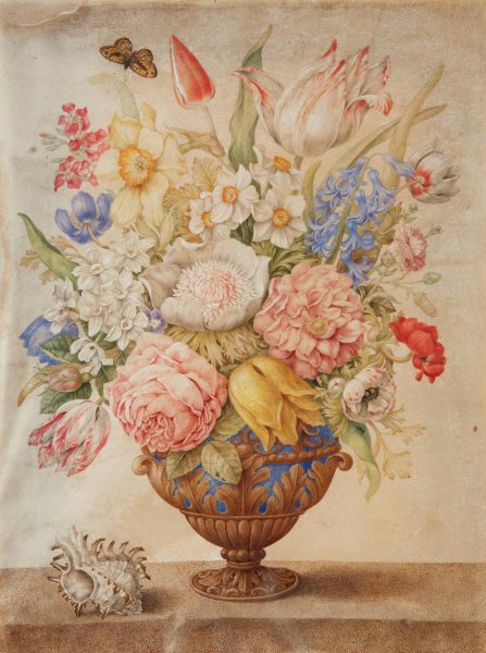 Main Product Photo of Flowers in a Lapis-Lazuli Vase on a Marble Top with a Conch Shell and a Monarch Butterfly Painting by Giovanna Garzoni
