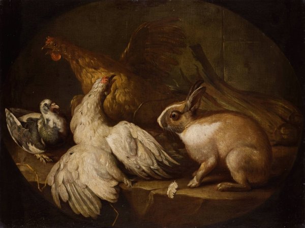 Main Product Photo of Hens, a Pigeon and a Rabbit  Painting by Giovanni Agostino Cassana