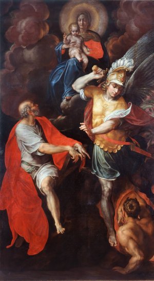 Madonna and Child and St. John the Evangelist and St. Michael by Giovanni Ambrogio Figino Oil Painting