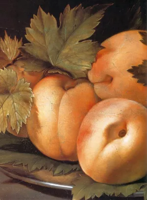 Metal Plate with Peaches and Vine Leaves Detail by Giovanni Ambrogio Figino - Oil Painting Reproduction