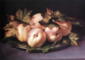 Metal Plate with Peaches and Vine Leaves by Giovanni Ambrogio Figino - Oil Painting Reproduction