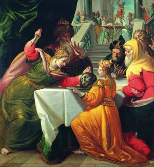 Herodias presented with the Head of the Baptist by Salome by Giovanni Andrea Ansaldo Oil Painting