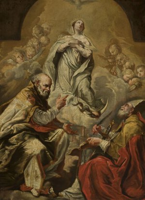 Adoration of Virgin Mary by St. Petronius and Dionysius the Areopagite by Giovanni Antonio Burrini Oil Painting