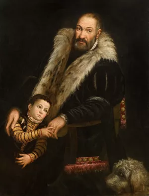 Portrait Of A Gentleman And A Child With A Dog by Giovanni Antonio Fasolo Oil Painting