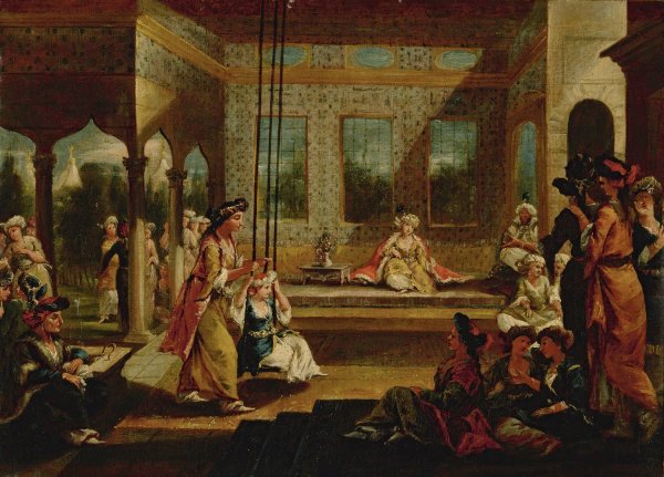 A Harem Scene With Soldiers Smoking And Odalisques Relaxing And Playing On a Swing In An Interior Courtyard by Giovanni Antonio Guardi - Hand-Painted Oil Painting Reproduction