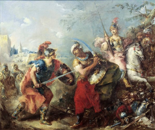 The Fight between Tancred and Argante With Clorinda in the Background  by Giovanni Antonio Guardi - Hand-Painted Oil Painting Reproduction