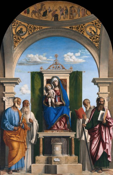 Enthroned Madonna with Child and SS Peter, Romualdus, Benedict and Paul  by Giovanni Battista Cima Da Conegliano - Hand-Painted Oil Painting Reproduction