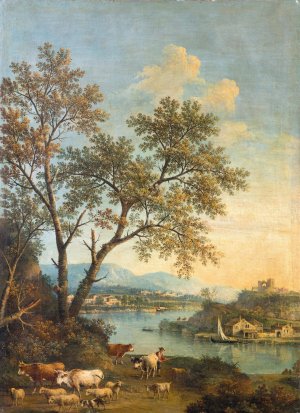 A river landscape with a herdsman in the foreground and a village beyond by Giovanni Battista Cimaroli Oil Painting