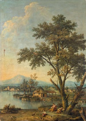 A river landscape with figures resting in the foreground and a washerwoman beyond by Giovanni Battista Cimaroli Oil Painting