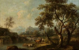 Mountain landscape with cattle at the waterhole by Giovanni Battista Cimaroli Oil Painting