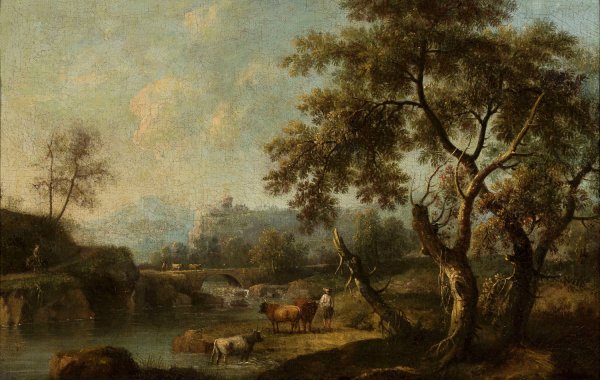 Main Product Photo of Mountain landscape with cattle at the waterhole Painting by Giovanni Battista Cimaroli