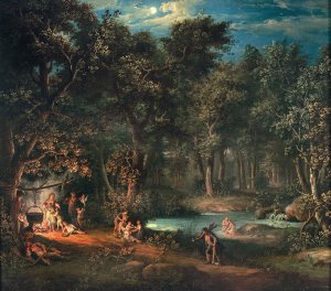 Figures by an encampment in a nocturnal landscape by Giovanni Battista Innocenzo Colombo Oil Painting