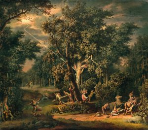Travellers in a nocturnal landscape with lightning by Giovanni Battista Innocenzo Colombo Oil Painting