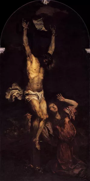 Mary Magdalene at the Foot of the Cross by Giovanni Battista Langetti - Oil Painting Reproduction
