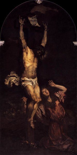 Mary Magdalene at the Foot of the Cross by Giovanni Battista Langetti - Hand-Painted Oil Painting Reproduction