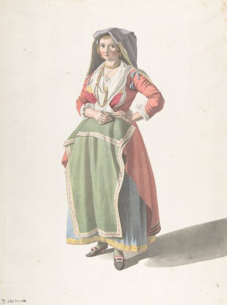 Young Woman Standing in Traditional Neapolitan Dress  by Giovanni Battista Lusieri - Hand-Painted Oil Painting Reproduction