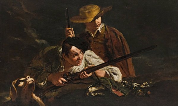 Main Product Photo of Young hunters with a dog Painting by Giovanni Battista Piazzetta