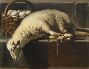 A ligated lamb besides a basket of eggs, an Allegory of Easter by Giovanni Battista Recco Oil Painting