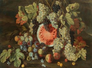 Still Life In A Landscape, With Grapes, Watermelons, Figs And Apples by Giovanni Battista Ruoppolo Oil Painting
