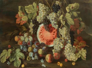Still Life In A Landscape, With Grapes, Watermelons, Figs And Apples by Giovanni Battista Ruoppolo Oil Painting